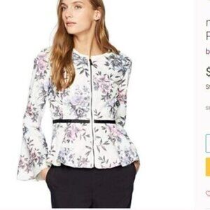 Bagatelle Womens Perforated Vegan Leather Peplum Jacket Floral Print Medium